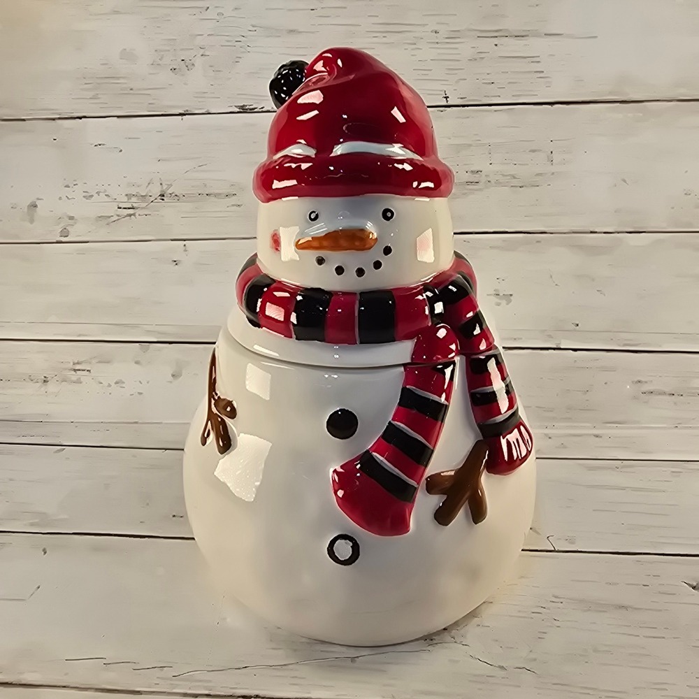 Pier 1 Imports Snowman Cookie Jar Hand Painted Dolomite Red Black Scarf 9.5in